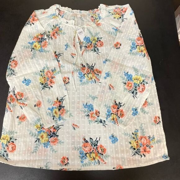 LOFT Women Garden Ruffle Tie Neck Blouse size Medium - Picture 3 of 13